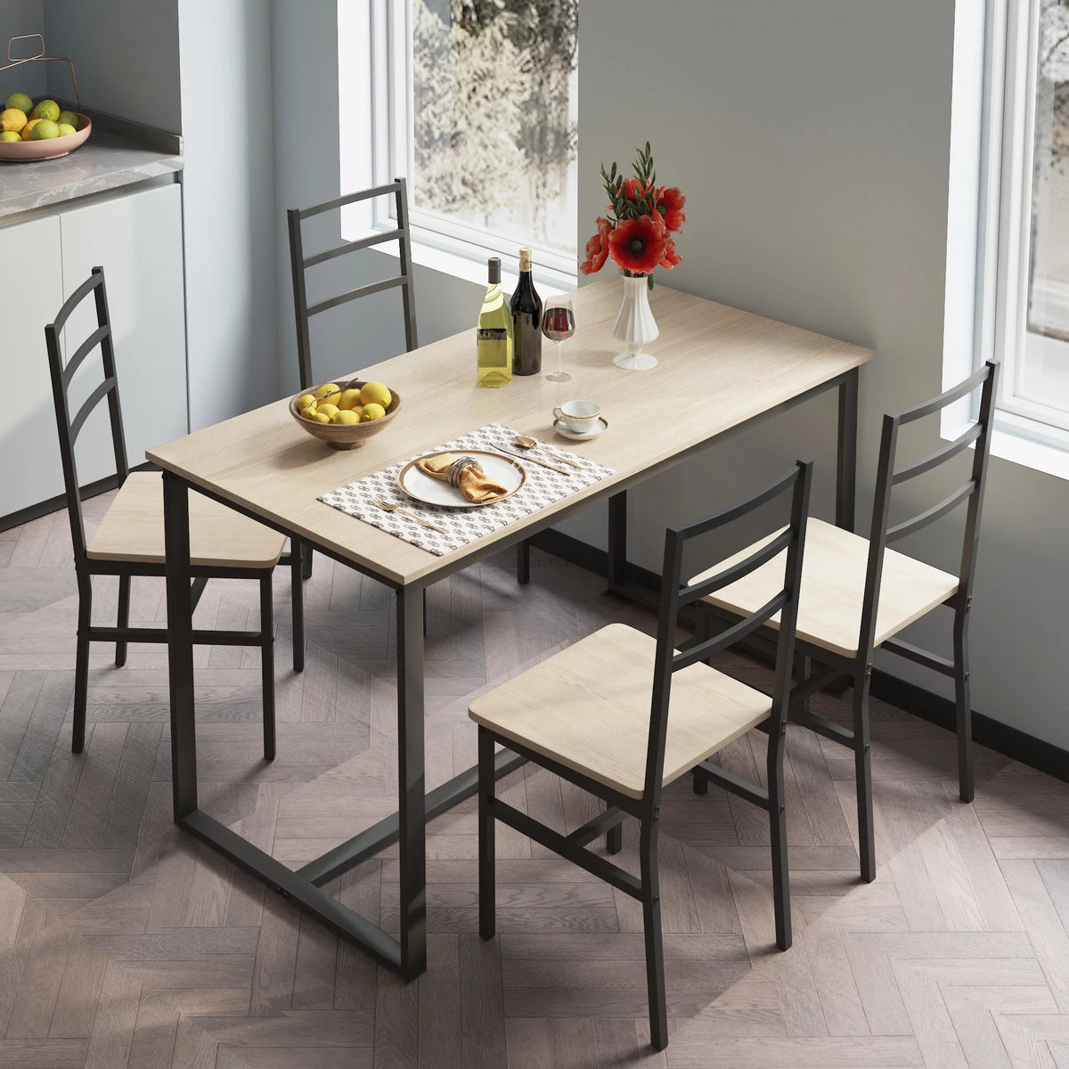5 Piece Wooden Dining Table Set with 4 Chairs D614