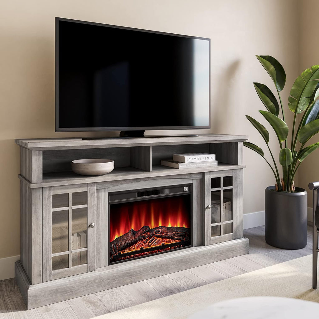 Traditional Rustic Electric Fireplace TV Stand with Open Storage Shelves & Cabinets (Light Gray) T153524