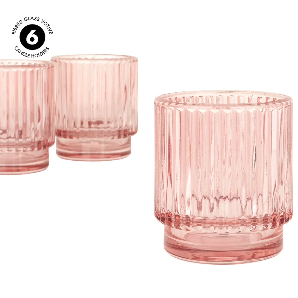 Blush Pink Ribbed Glass Votive Candle Holders, Pack of 6 Y349