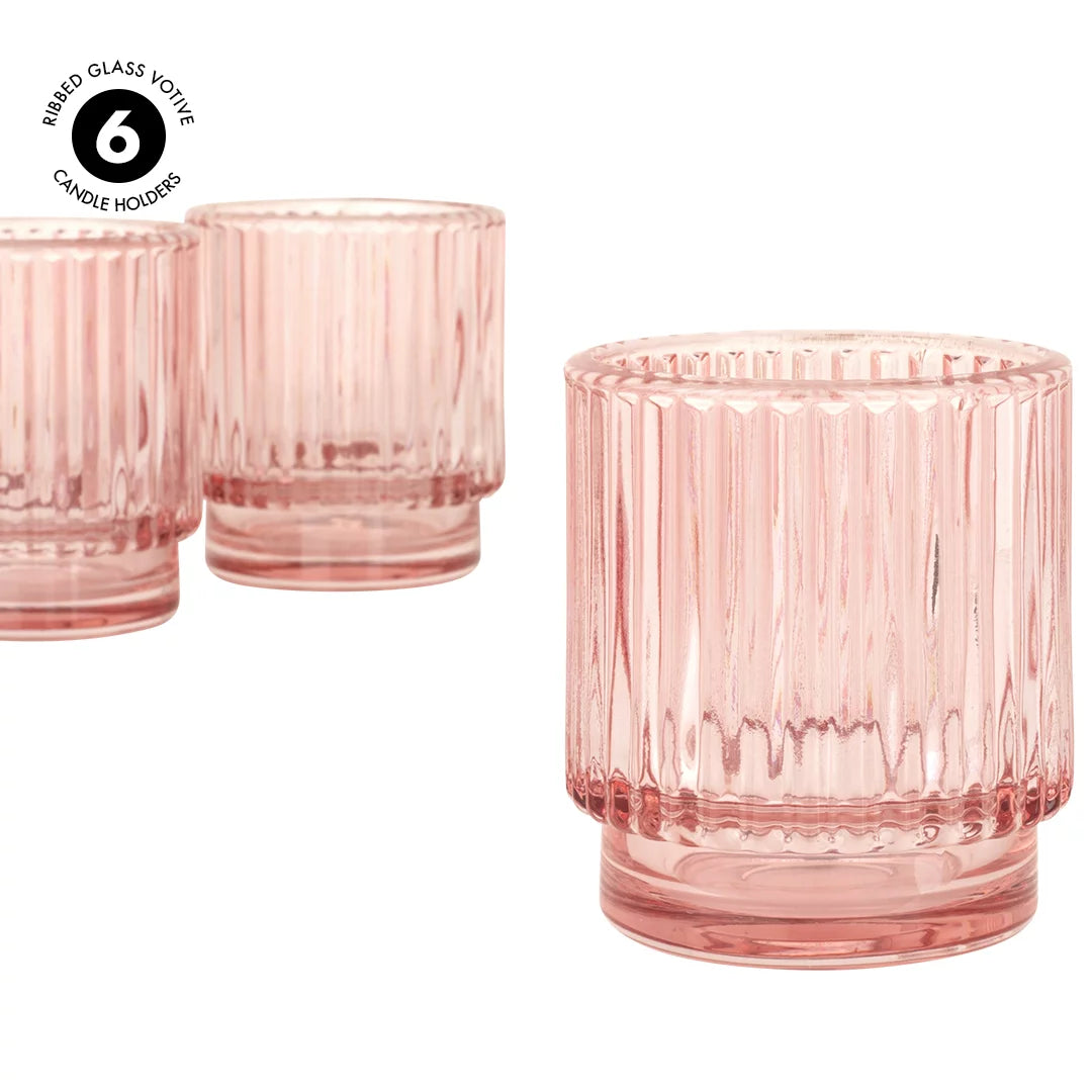Blush Pink Ribbed Glass Votive Candle Holders, Pack of 6 Y349