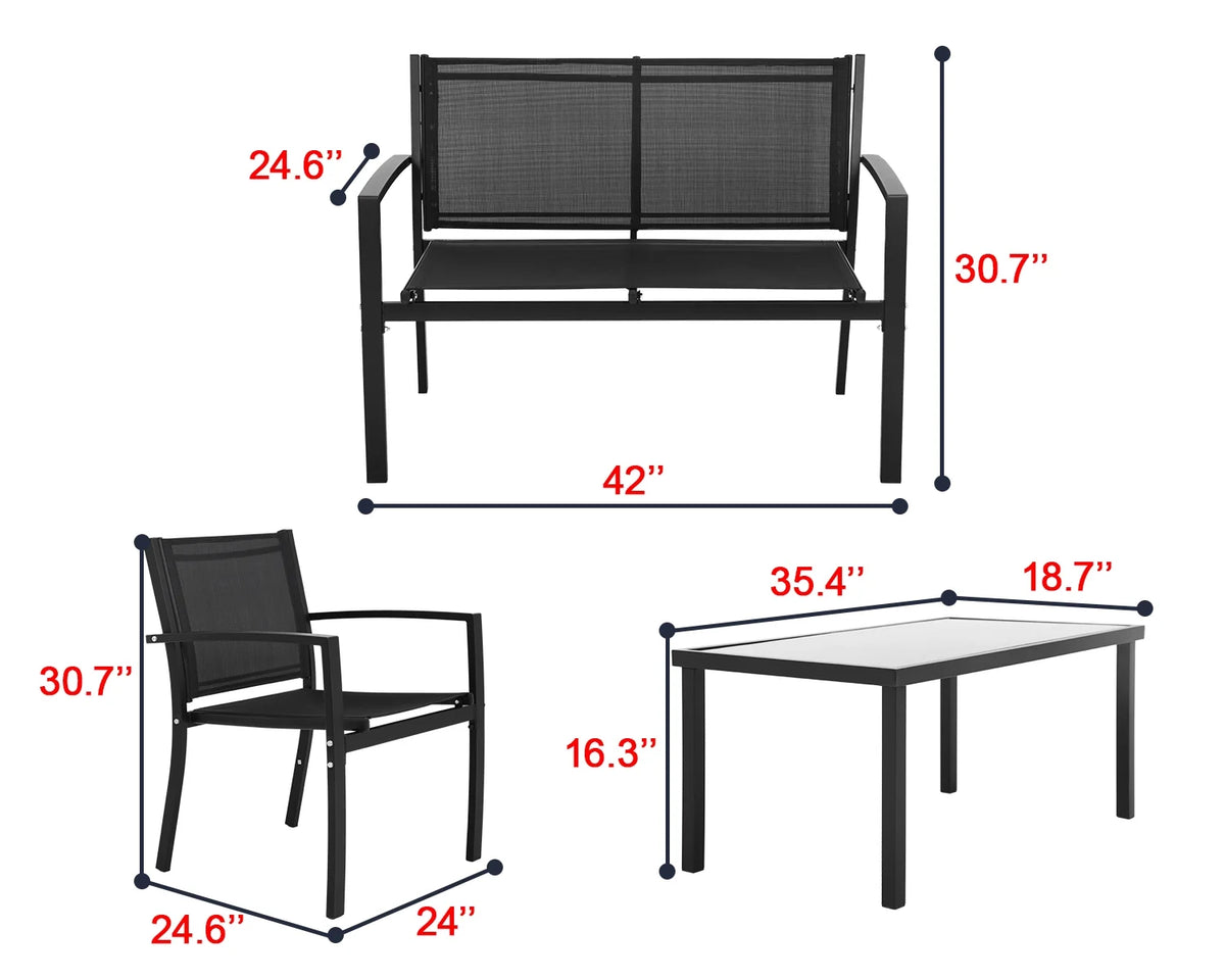 4 Piece Patio Conversation Set with Tempered Glass Tabletop Black O3164