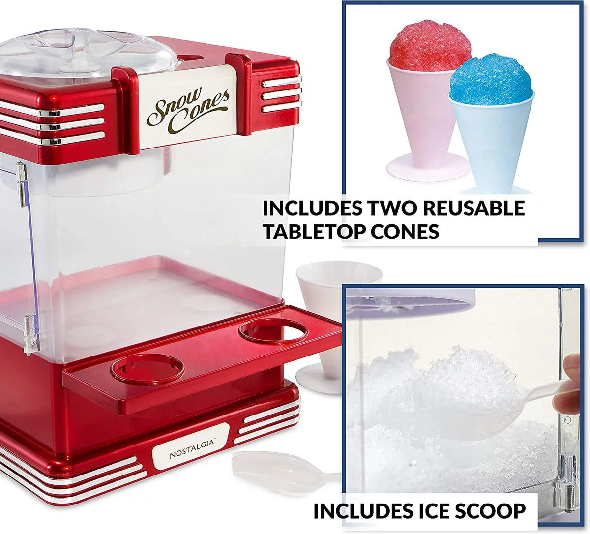 Retro Red Countertop Snow Cone Maker with 2 Reusable Plastic Cups & Ice Scoop A52400