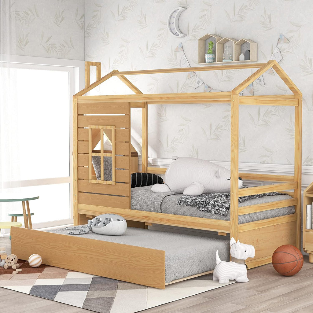 White Twin House Shape Wooden Floor Bed with Trundle O243352