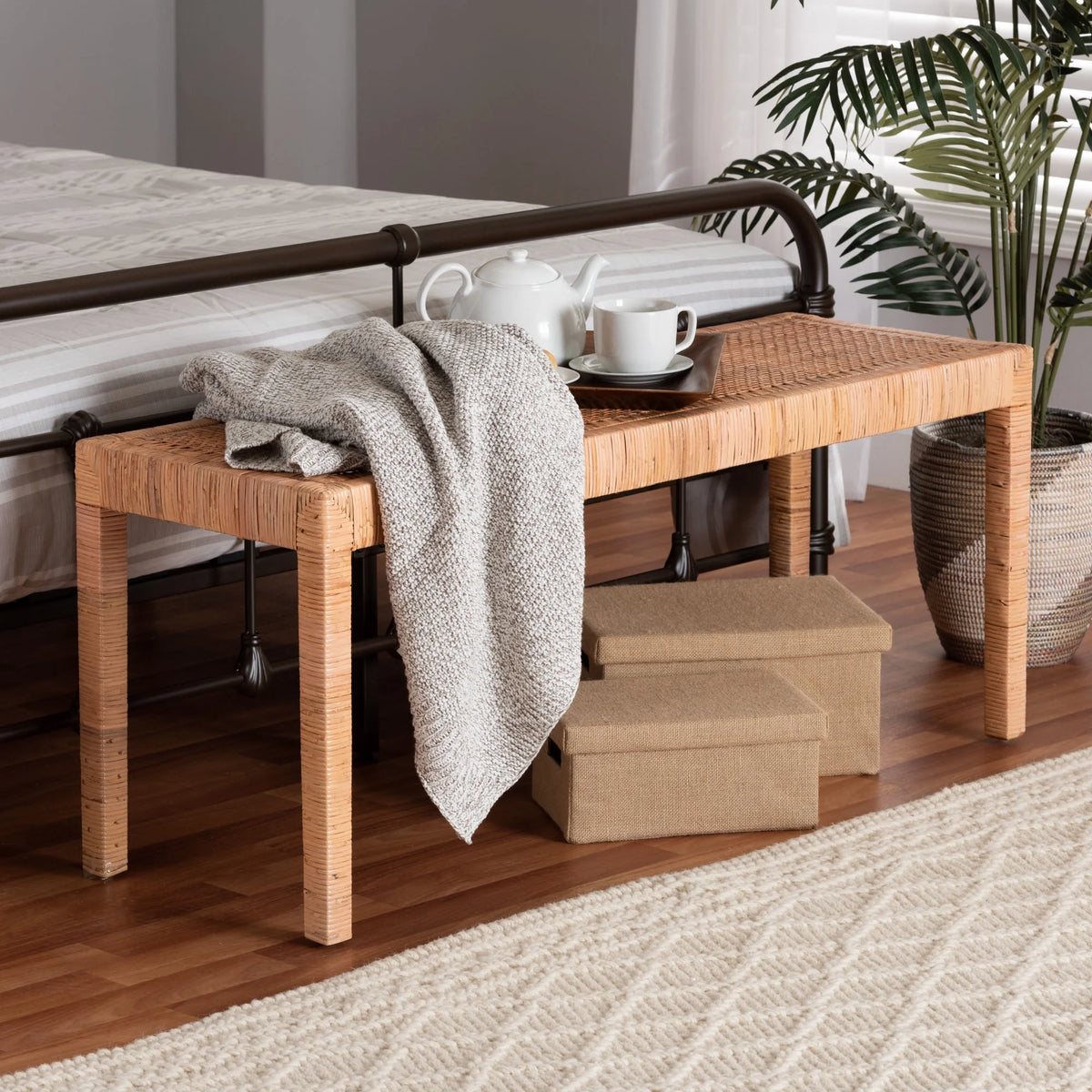 Natural Rattan and Mahogany Wood Accent Bench Z47751