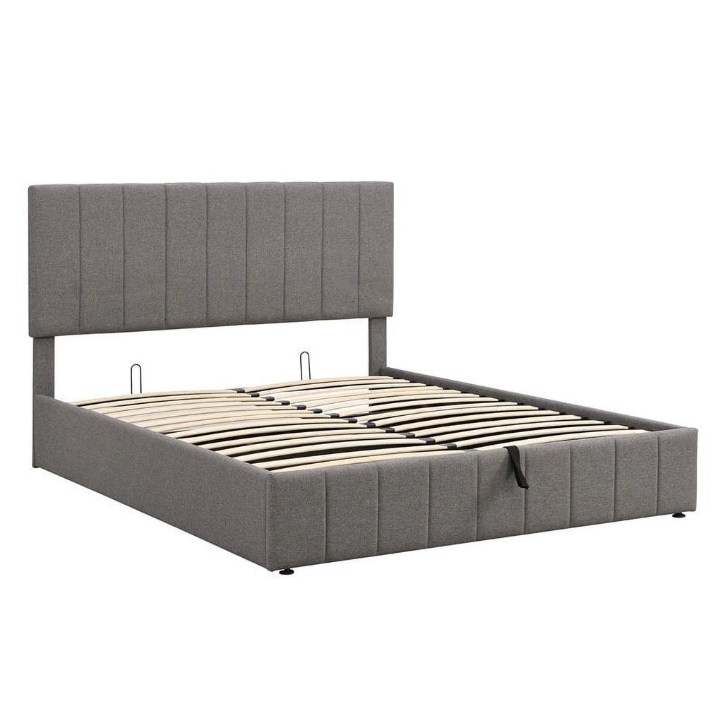 Twin Wood Platform Bed with Fabric Upholstery in Gray T799686