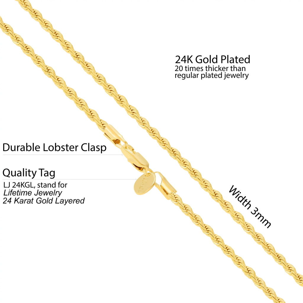 3mm Rope Chain Necklace 24k Real Gold Plated R813