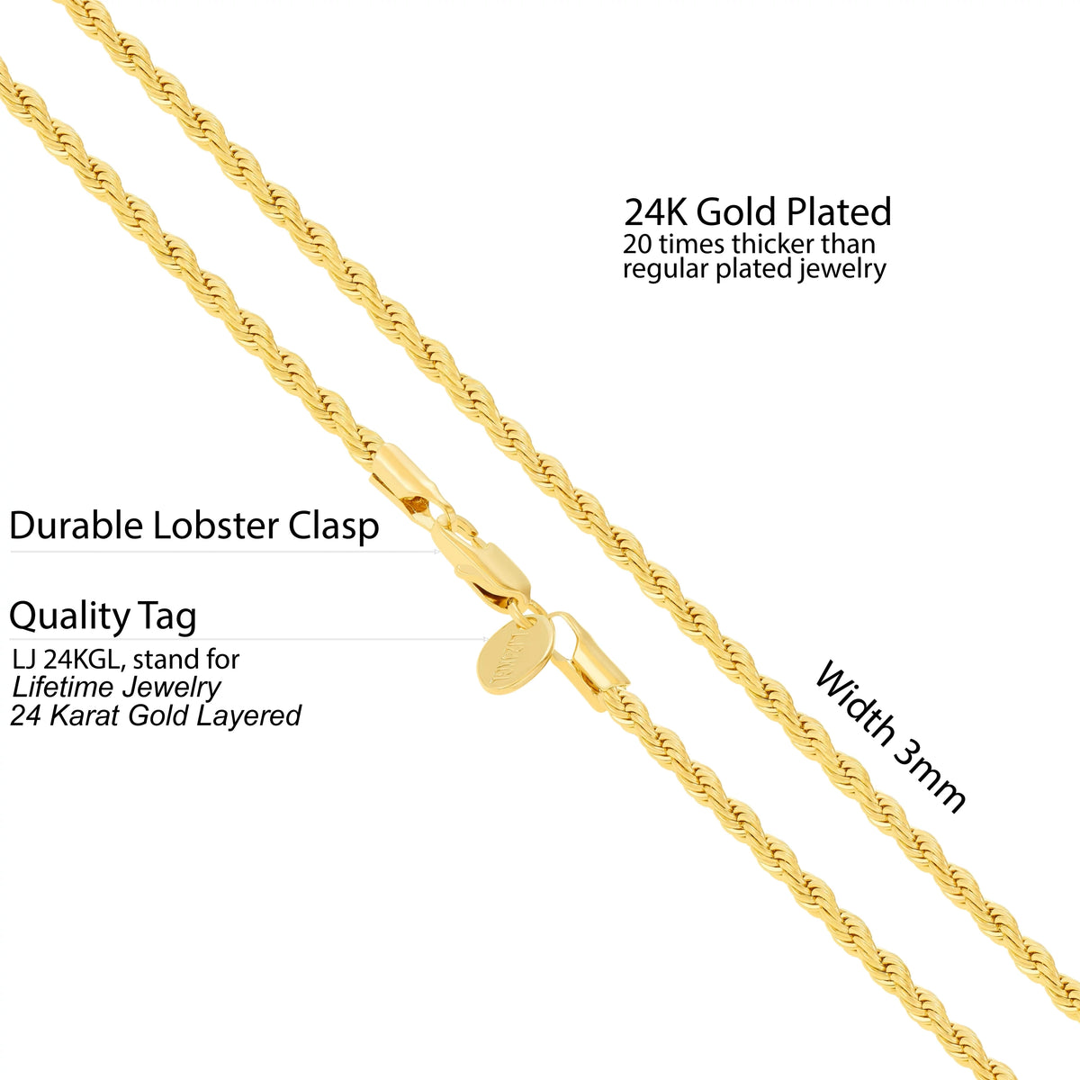 3mm Rope Chain Necklace 24k Real Gold Plated R813