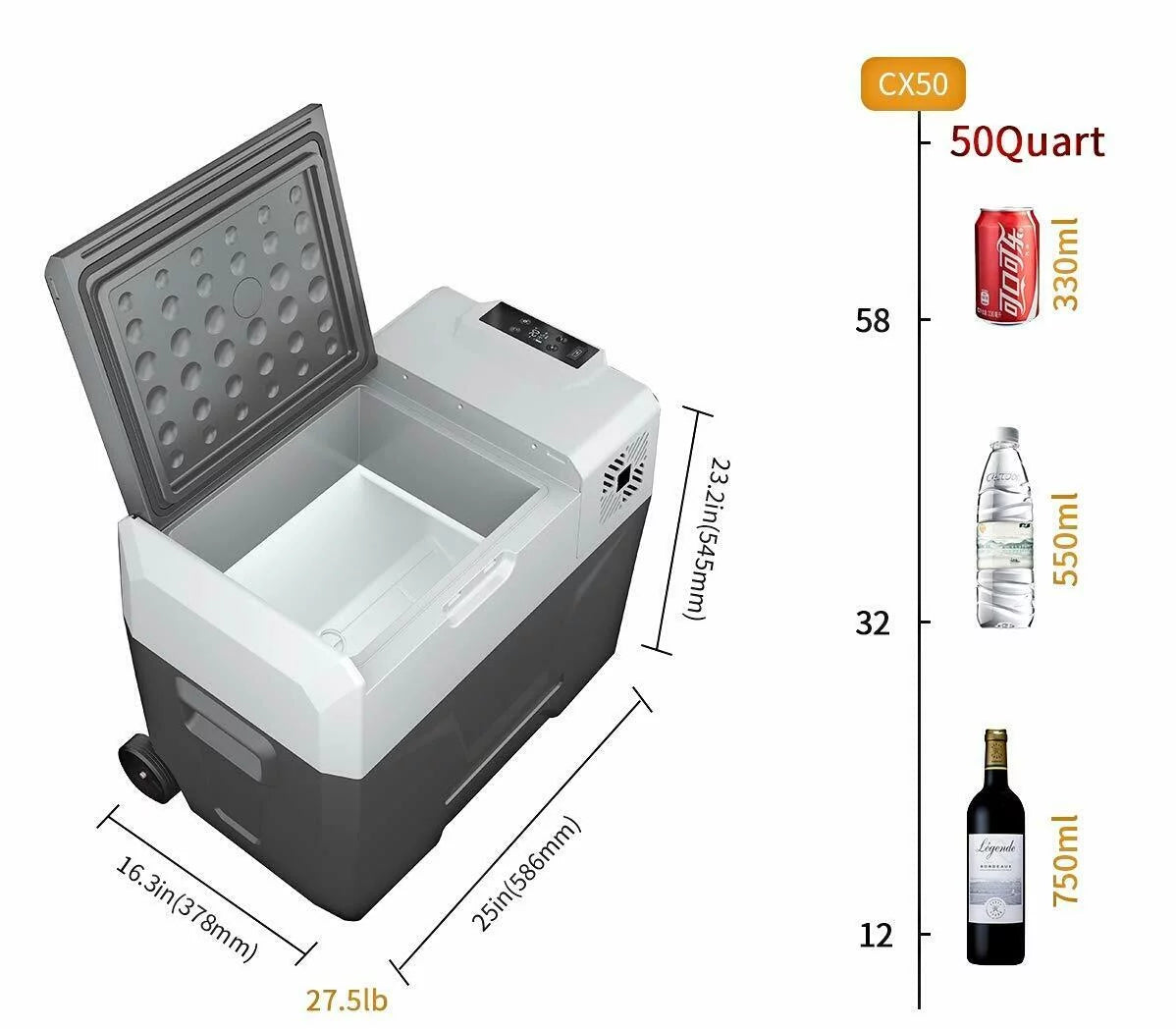 50L Portable Car Refrigerator 52 Quart Compact RV Fridge Mini Electric Freezer 12/24V DC & 110-240V AC Vehicle Truck Boat Cooler D502496