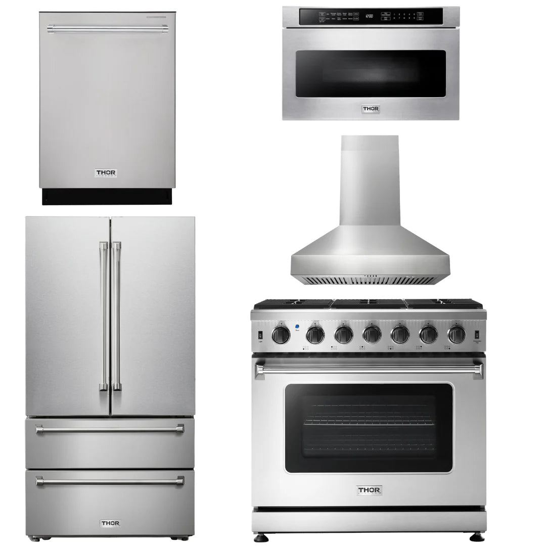 36 Propane Gas Range, Range Hood, Microwave, Refrigerator, Dishwasher W4597