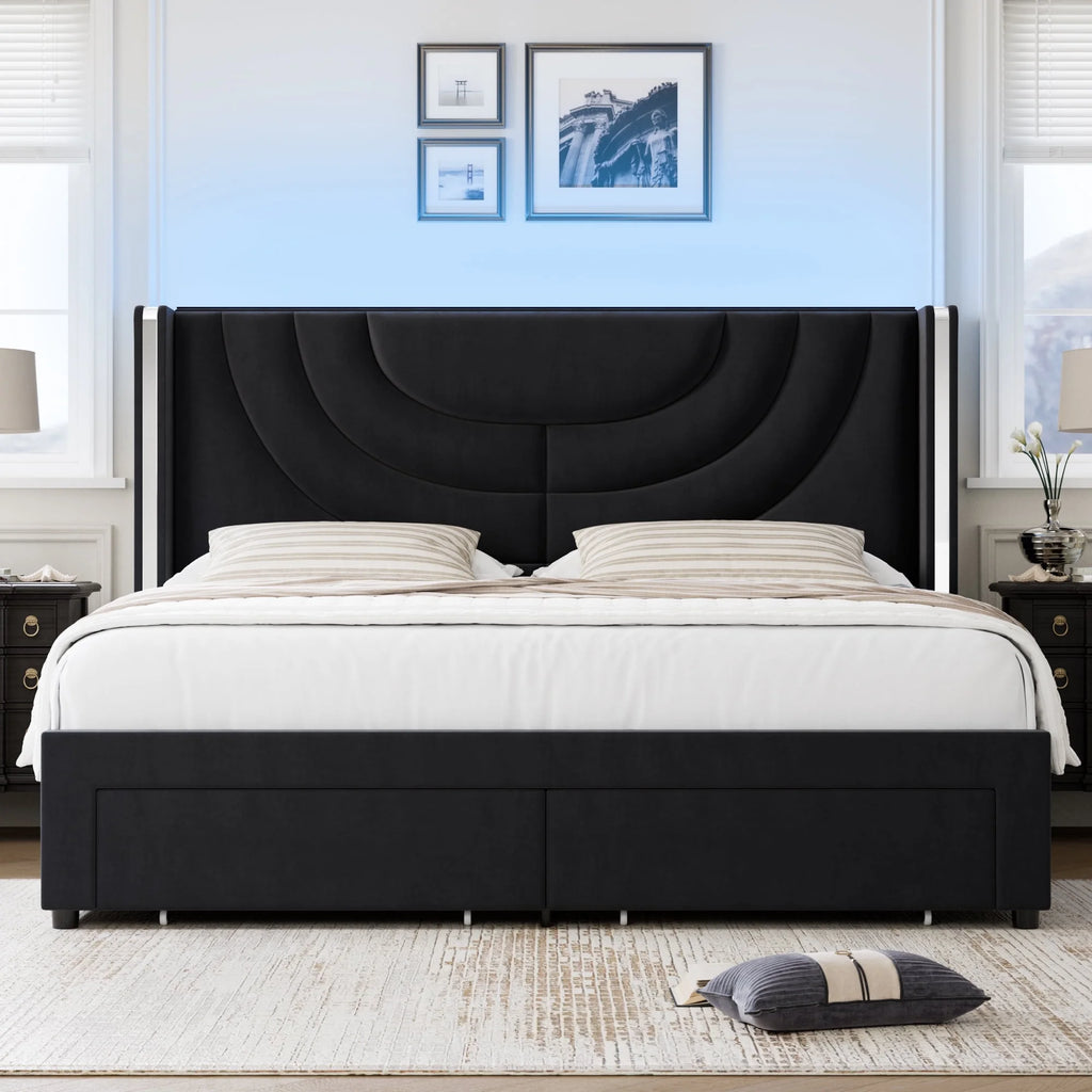 Full Size Velvet Upholstered Platform Bed Frame with 2 Drawers E30159