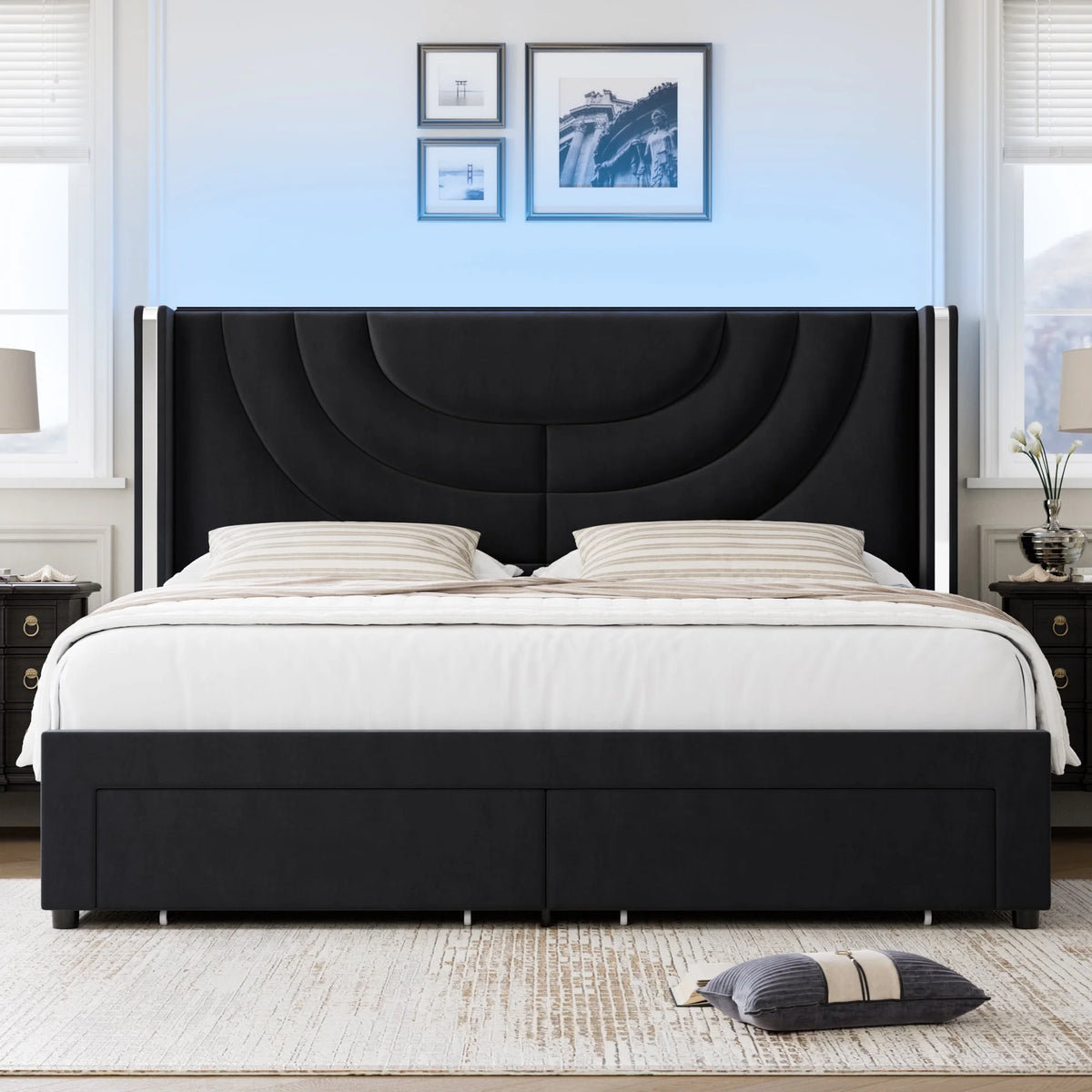 Full Size Velvet Upholstered Platform Bed Frame with 2 Drawers E30159