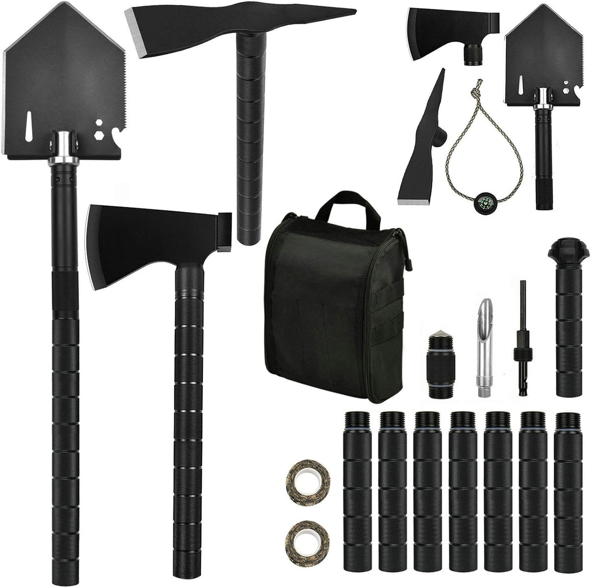 Survival Off-Roading Tool Kit Folding Shovel Camping Axe Multitool Pickaxe with Carrying Bag Black Q735530