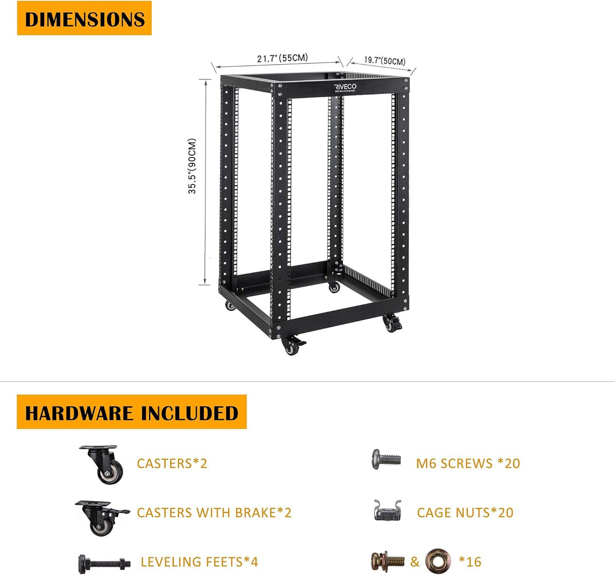 18U 4 Post Open Frame Server Rack with Brake Casters Black T4163