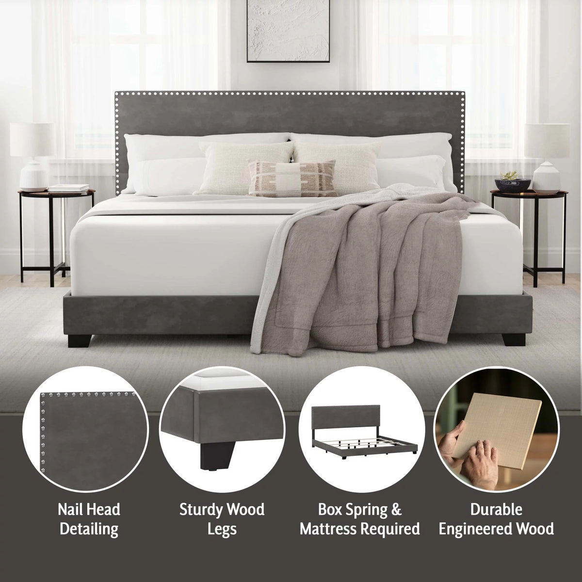 Charcoal Fabric Upholstered Queen Bed B1226