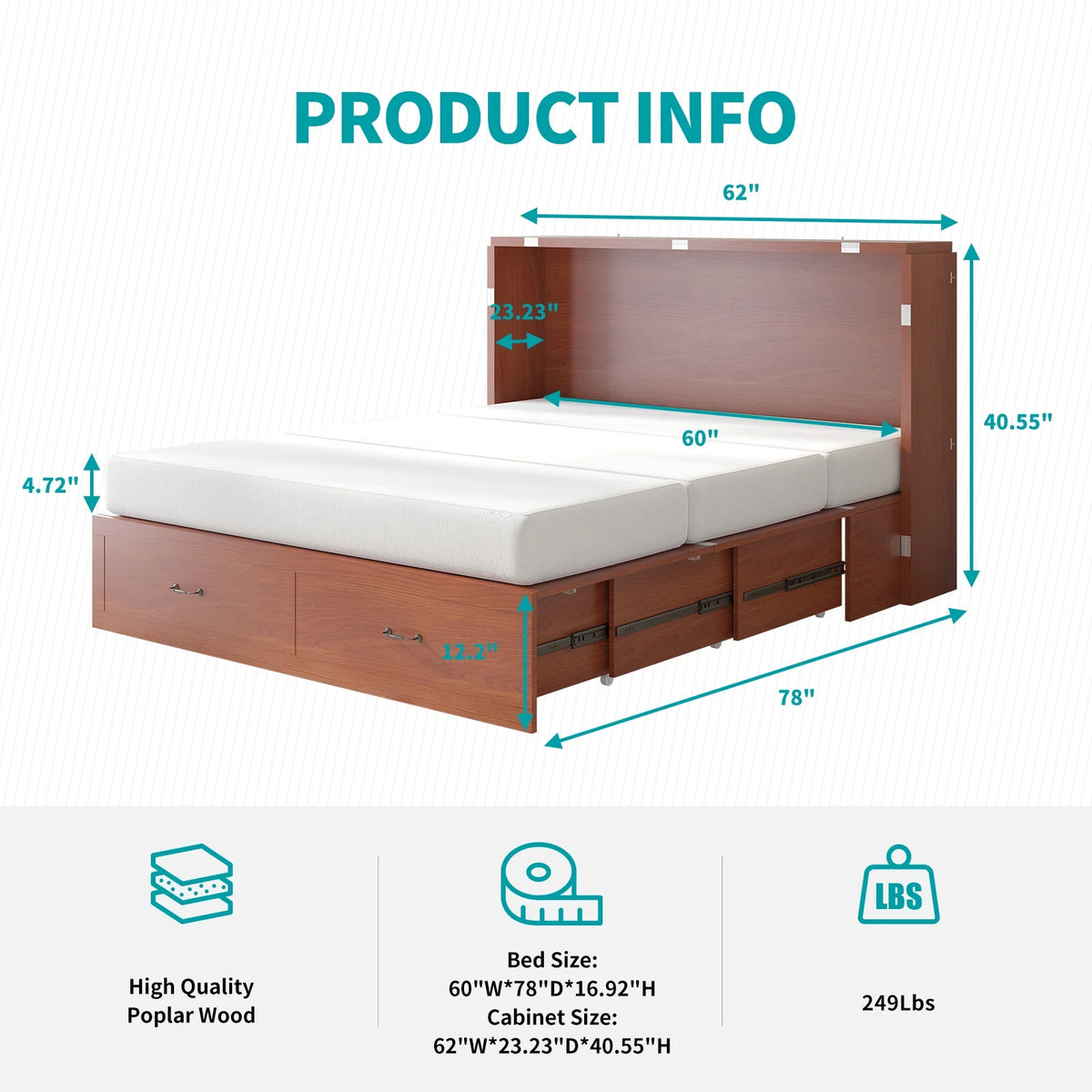 Queen Murphy Bed Cabinet with Charging Station and Memory Foam Mattress X542