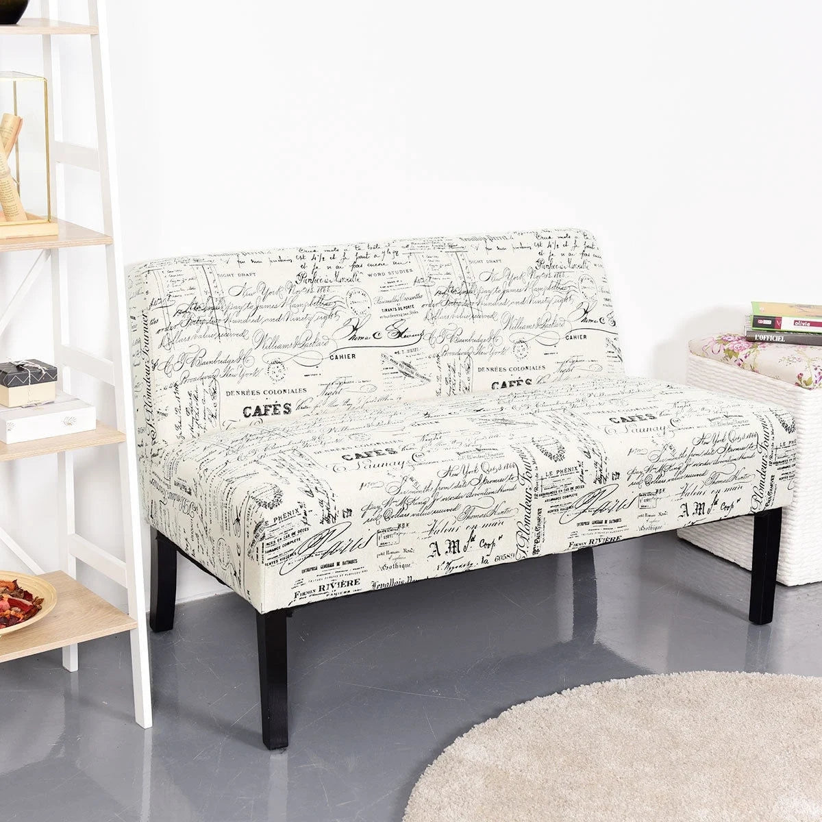 Off-White Cursive Pattern Loveseat Sofa with Black Wood Legs H43377