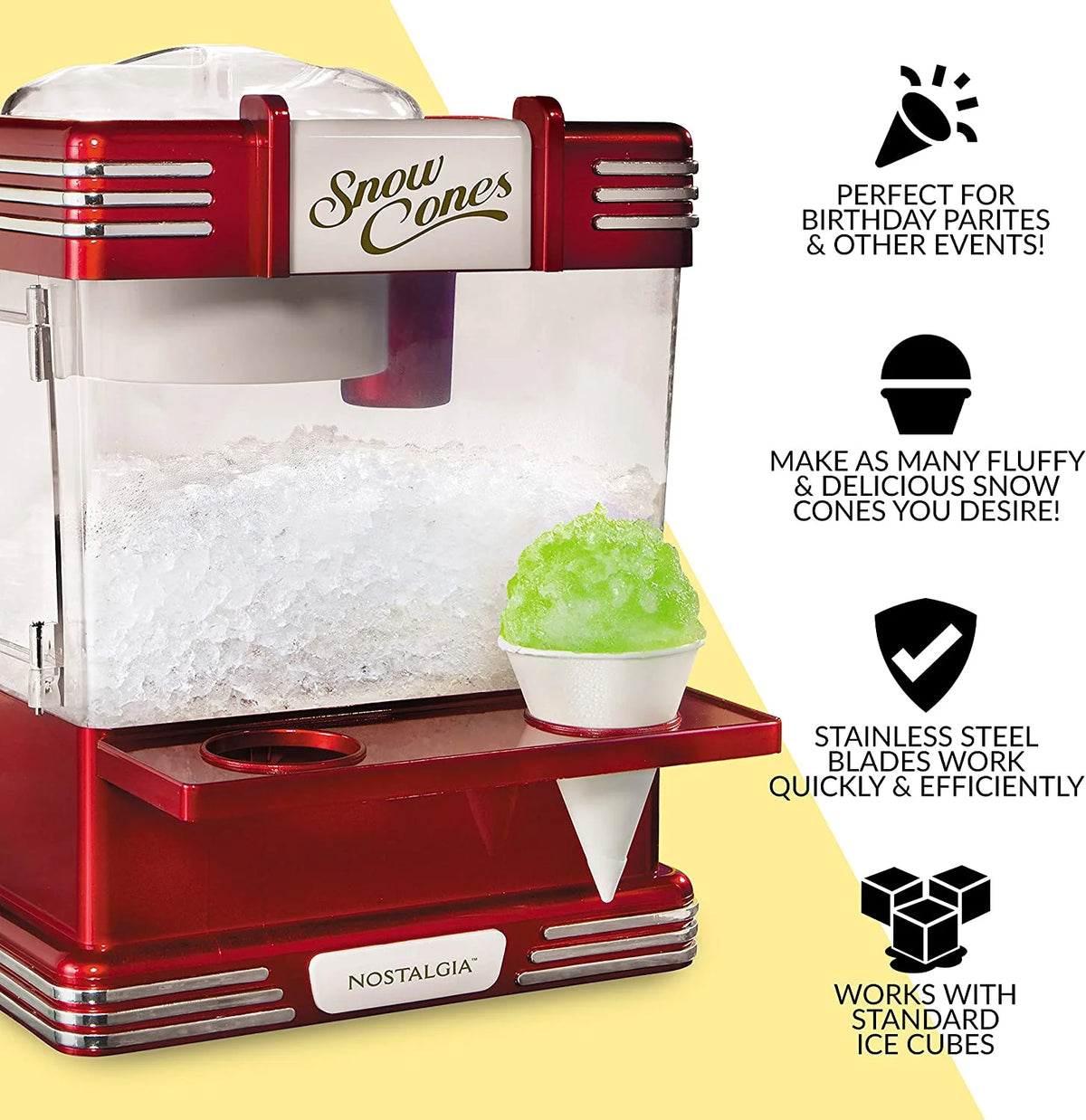 Retro Red Countertop Snow Cone Maker with 2 Reusable Plastic Cups & Ice Scoop A52400