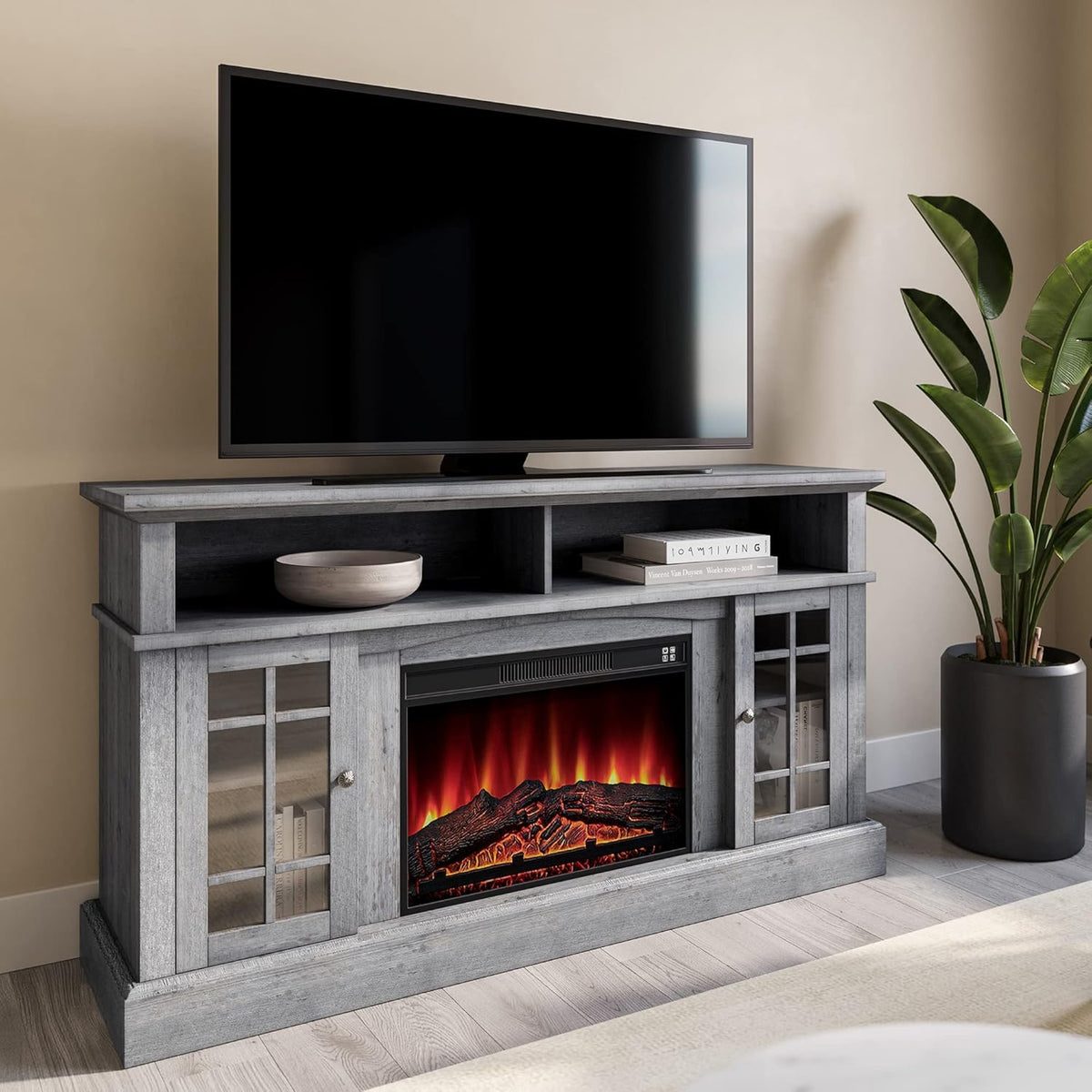 Traditional Rustic Electric Fireplace TV Stand with Open Storage Shelves & Cabinets (Light Gray) T153524