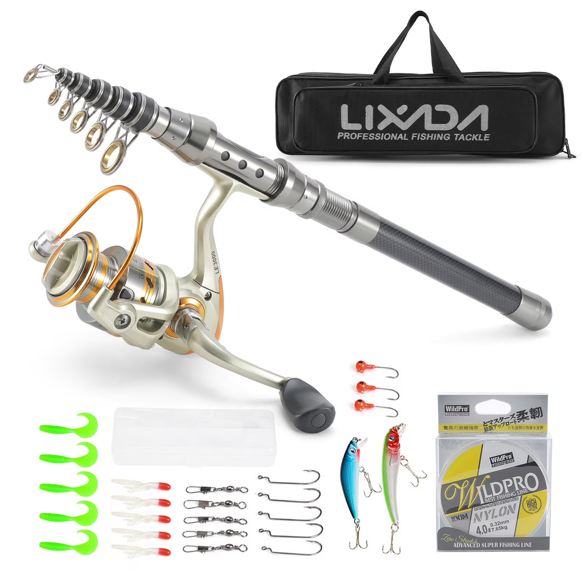 Telescopic Fishing Rod and Reel Combo with Spinning Reel, 100M Fishing Line, Lures, Hooks, and Jig Head J595