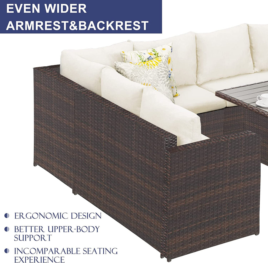 Ivory 7 Piece Outdoor Wicker Dining Sectional Sofa with Ottoman U905310