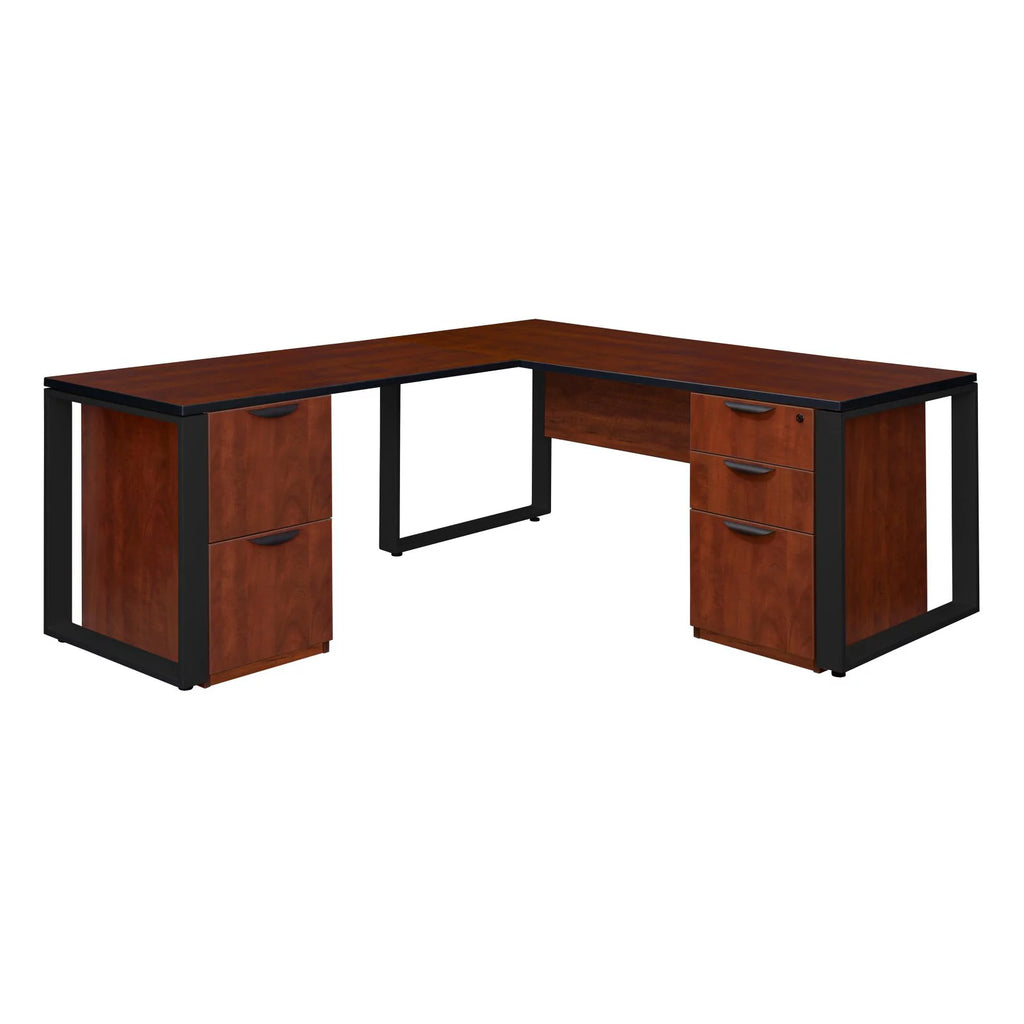 66 x 30 in. Double Laminate Pedestal L-Desk with Return, Cherry & Black I1390